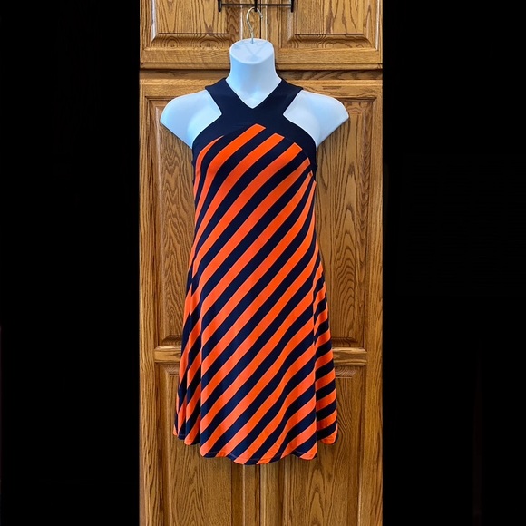 Lauren by Ralph Lauren Navy Blue & Orange Striped Midi Dress, Size Large - Picture 1 of 8